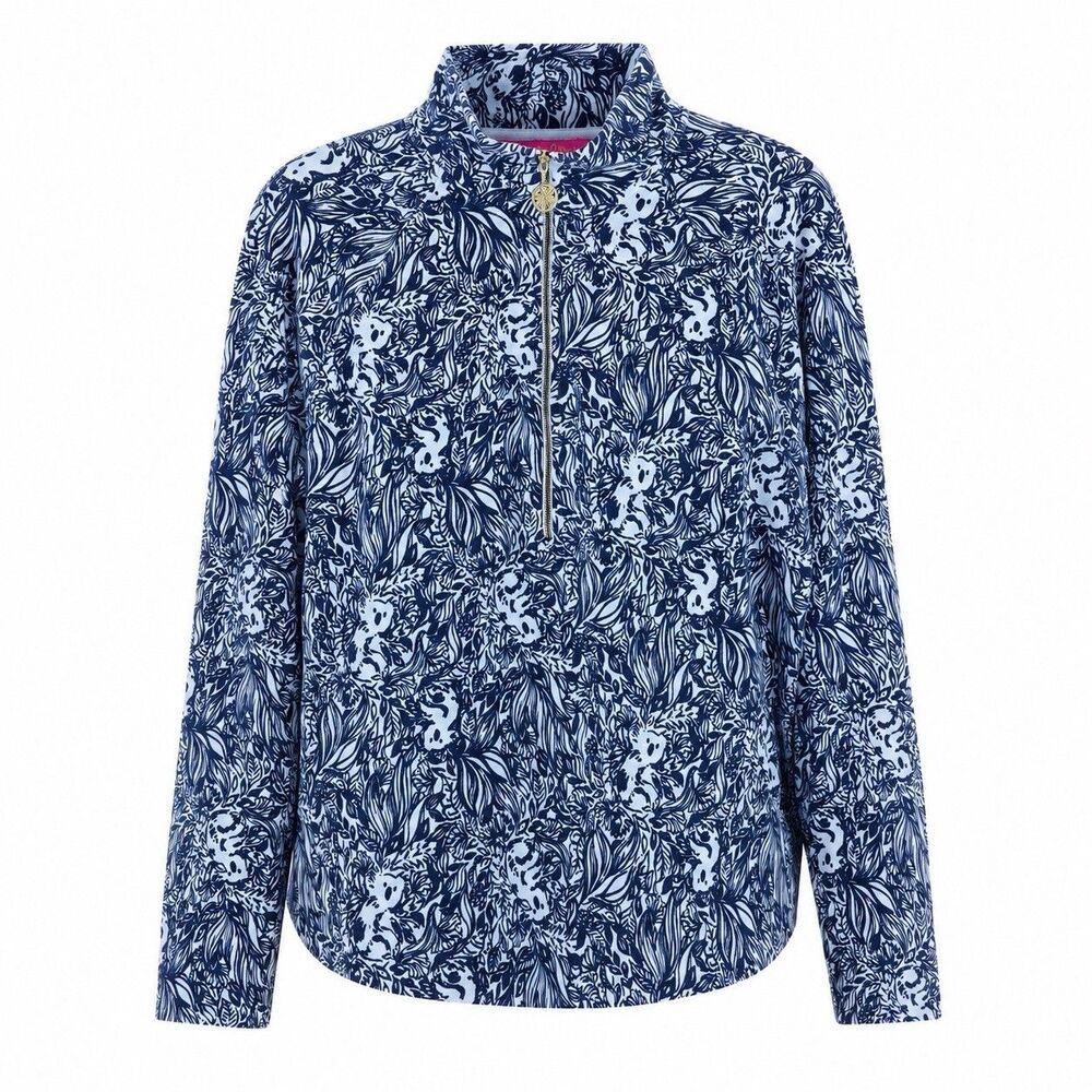 Lilly Pulitzer Women’s Large Blue White Botanical Print Quarter Zip Pullover